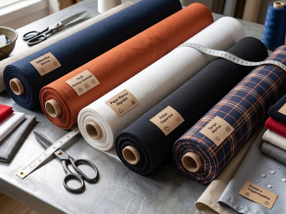 Rollos de tela y material de confección en el taller