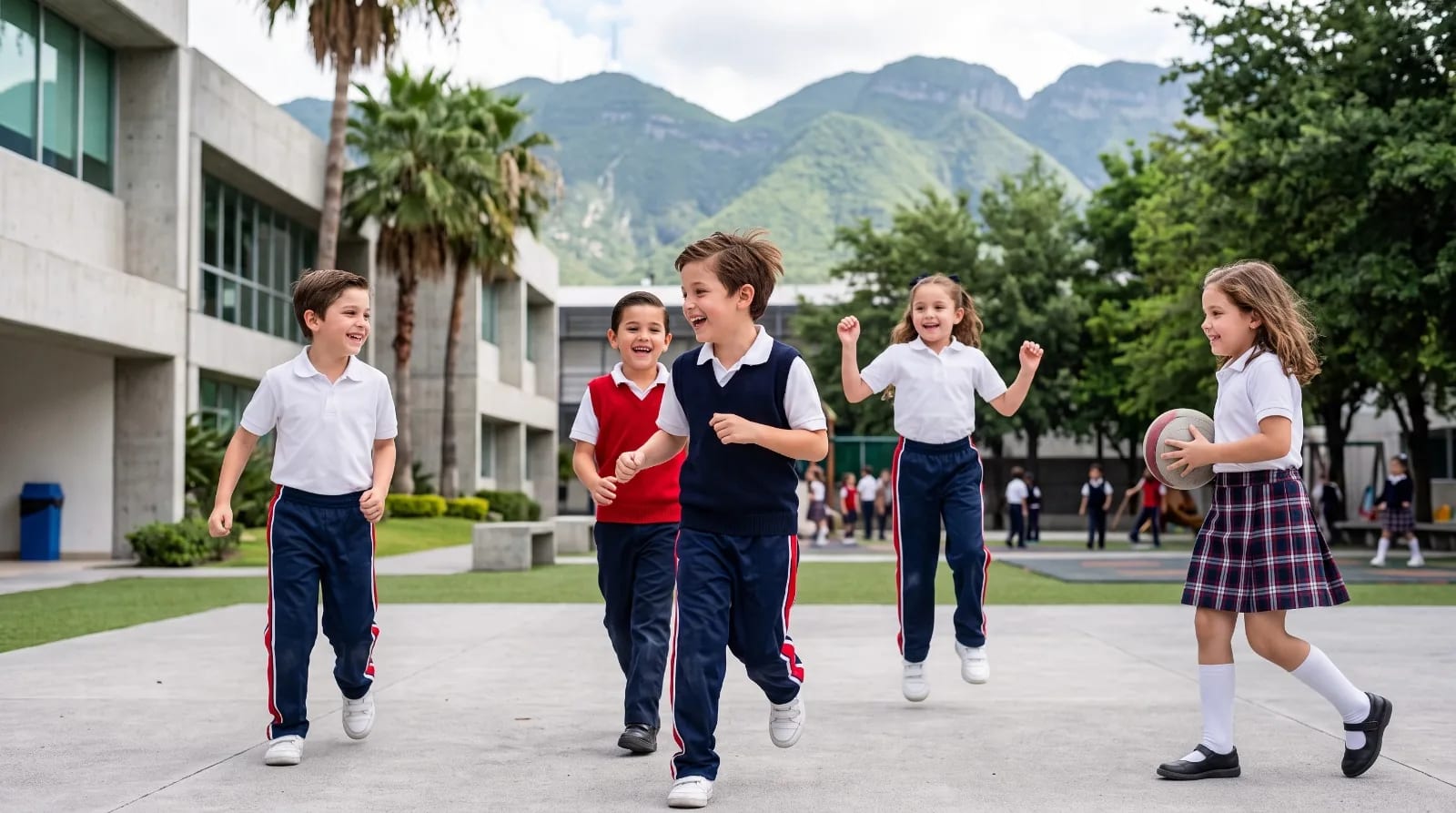 Alumnos con uniforme escolar en el patio de su escuela